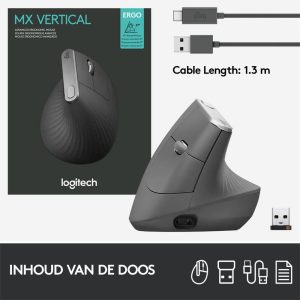 Logitech MX Vertical | Draadloze Ergonomische Muis | Rechtshandig | RF + Bluetooth + USB-C | 4000 DPI suggestie | Grafiet - Afbeelding 10