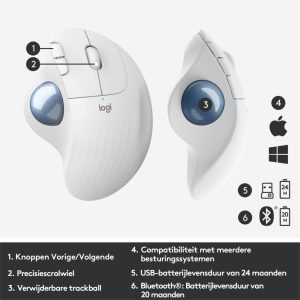 Logitech M575 Ergo Trackball | Ergonomische Draadloze Muis | Rechtshandig | RF + Bluetooth | 2000 DPI | Wit - Afbeelding 7