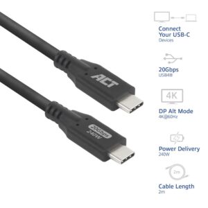 ACT | USB4 Kabel | 20Gbps | 240W | USB-C naar USB-C | 2m | Zwart - Afbeelding 1