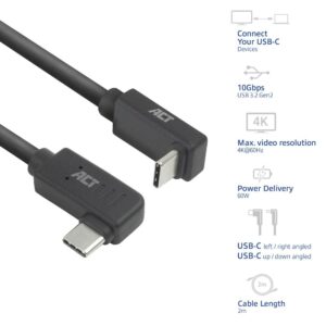 ACT AC7482 | USB 3.2 Gen 2 Kabel | USB-C (haaks links/rechts) naar USB-C (haaks boven/beneden) | 60W | 10Gbps | 2m | Zwart - Afbeelding 7