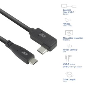 ACT AC7405 | USB 3.0 Kabel | USB-C (recht) naar USB-C (haaks) | 60W | 10Gbps | 0,5m | Zwart - Afbeelding 3