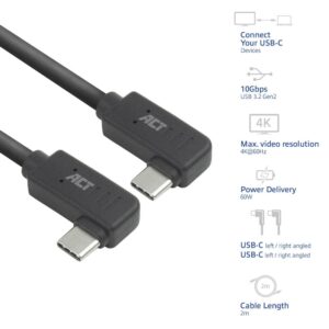 ACT AC7488 | USB 3.2 Gen 2 Kabel | USB-C (haaks links/rechts) naar USB-C (haaks links/rechts) | 60W | 10Gbps | 2m | Zwart - Afbeelding 7