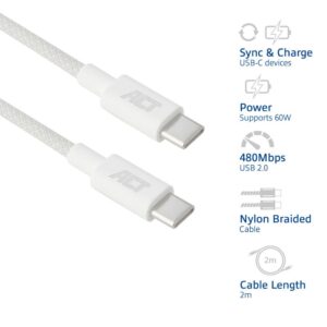 ACT AC3081 | USB 2.0 Kabel | USB-C naar USB-C | 60W | 480Mbps | Wit | 2 Meter - Afbeelding 6