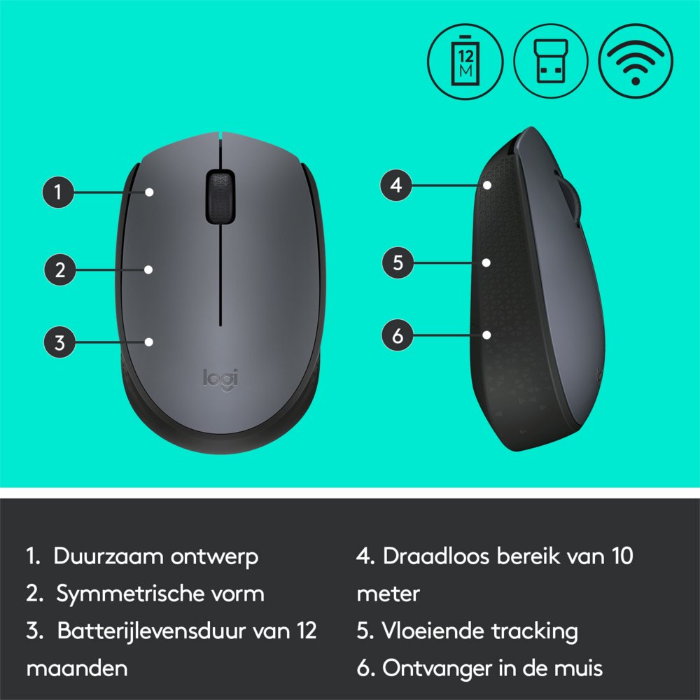 Logitech M170 | Draadloze Muis | Links- en Rechtshandig | RF | 1000 DPI | Grijs | OPEN BOX - Afbeelding 7